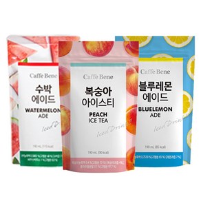 [카페베네] 파우치 음료 3종 (복숭아티 1박스 + 블루레몬에이드 1박스 + 수박에이드 1, 1세트, 190ml