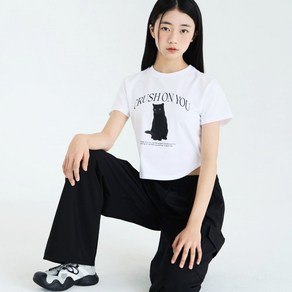 [더데이걸]트렌디 감성 시크 고양이 크롭 반팔티 TGRA24407_인천점