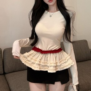 히또리 T3944 밑단 프릴 허리 포인트 컬러 슬림 긴팔티