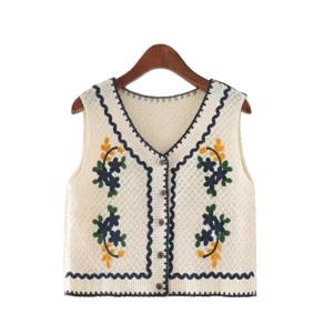 여성용 여름 브이넥 자수 베스트 캐주얼 민소매 숏 니트 조끼 카디건 상의 Women's Knitted Vest