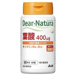 Asahi 아사히 그룹식품 Dea-Natua 디어내츄라 여성의 건강에 도움이 되는 엽산·비타민B6·비타민B12 보충제 [60정 60일분] 보틀포장, 60정, 1개