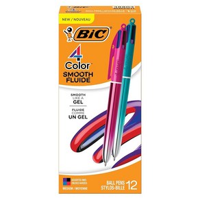 BIC 4색 부드러운 접이식 볼펜 미디엄 포인트1.0mm 12개입 팩 오래 지속되는 잉크가 있는 컬러 펜 155818, BIC 4색 부드러운 접이식 볼펜, 미디엄 포인트1.0