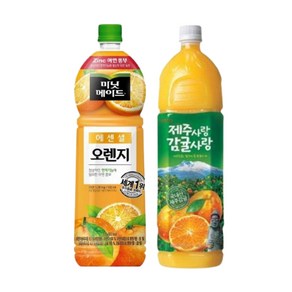 [한번에먹자] 과즙음료 1.5L 2종 혼합세트 ( 미닛메이드 오렌지 + 제주사랑감귤사랑 ) 사무실음료 가정용 과일음료 대용량 식자재 오렌지주스 감귤주스, 4개