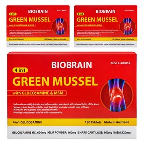 BIOBRAIN 바이오브레인 4 인 1 그린 머슬 글루코사민 앤 MSM 타블렛, 3개, 180정