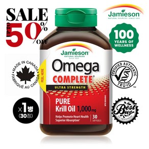 캐나다 국민 브랜드 자미에슨 최대 60% 오메가 퓨어 크릴오일 1 000mg 30정 5+1 Jamieson Omega Pue Kill Oil EPA DHA 항산화제, 1개, 100정