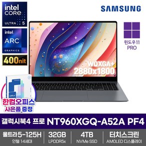 삼성 노트북 갤럭시북4 프로 NT960XGQ-A52A PF4 SSD4TB/32GB램/울트라5-125H/AMOLED/터치스크린/120Hz, WIN11 Po, 32GB, 4TB, 문스톤 그레이