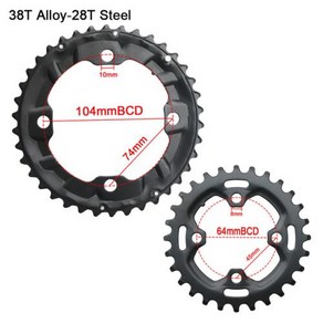 MTB 자전거 체인링 더블 체인휠 64BCD 104BCD 22T 38T 스프로킷 산악 크랭크셋 톱니 플레이트 부품, 06 38T alloy-28T Steel, 1개