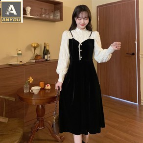 ANYOU [2022] 가짜 벨벳 두 벌 겨울원피스 프렌치 스위트 포근한 바람 날씬해 보이는 긴팔 롱스커트