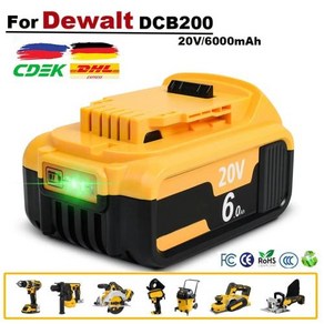 DCB200 충전식 배터리 전동 공구 배터리 20V 배터리 6.0Ah 교체 배터리 DCB206 DCB207 DCB204, 1개