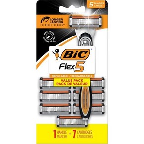 BIC Flex 5 남성용 리필 면도기 부드럽고 편안한 면도를 위한 오래 지속되는 블레이드 5개 손잡이 1개 카트리지 7개 면도 키트 8개