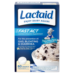 LACTAID 락타아제 소화효소 9000FCC Fast Act 바닐라맛 60츄어블타블렛, 60정, 1개