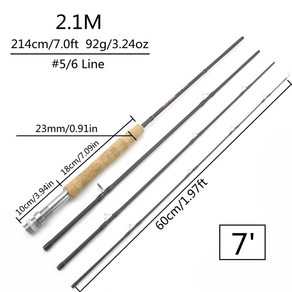 1.98M 6.6FT 2.1M 7FT 플라이 낚싯대 탄소 섬유 5/6 WT 슬로우 액션 코르크 핸들 4 초 경량 강 플라이로드 낚시 용품, 2.1m (7ft) Rod