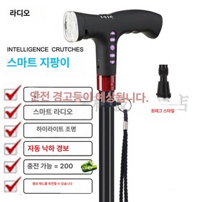 지팡이 다기능 스마트 라디오 mp3 sos 넘어짐알림 led 조명, 라디오 단발 블랙, 1개