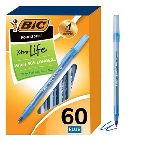 BIC 라운드 스틱 엑스트라 라이프 중형 포인트 1.0 mm 볼펜 블루 60자루 세트, Blue_Ballpoint Pen