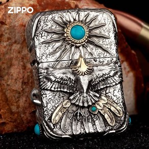 정품 Zippo 등유 라이터 수제 숨겨진 은색 무거운 갑옷 인도 청록색 상감 태양 독수리 선물