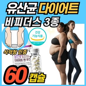 비피더스 B3 비쓰리 다이어트 유산균 프로바이오틱스 식약청 인증 기능성 비피더스균 3종 브레브 비피덤 롱검 가르시니아 HCA 에너데이, 1박스, 60정