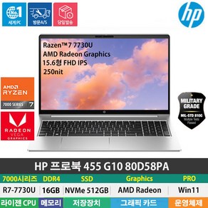 (당일발송) HP 프로북 455 G10 80D58PA R7-7730U/DDR4 16GB/NVMe 512GB/Win11Po/15.6형/지문인식/백라이트/PD충전, WIN11 Po, 16GB, 512GB, 라이젠7, 실버