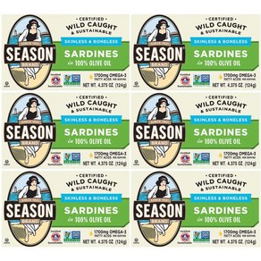 6캔세트 시즌 뼈없는 정어리 통조림 사딘스 SARDINES 100% 올리브유 124g, 6개