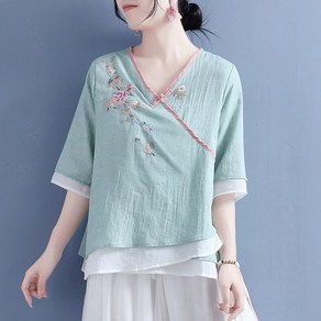 POMTOR 여름 여성 브이넥 빈티지 생활한복 꽃 자수 5부 소매 면마 블라우스