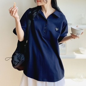 로로텐 패치 피케 카라 반팔 티셔츠 면 무지 여성 빅사이즈