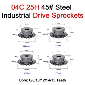 산업용 드라이브 스프로킷 휠 보어 체인 기어 25H 체인 45 # 스틸 2 포인트 04C 25H 14 15 16/17 톱니 6mm 8mm 10mm 12mm 14mm