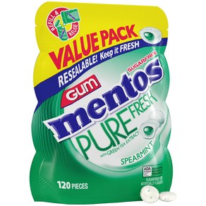 Mentos Pue Fesh Suga-Fee Chewing Gum with Xyli 자일리톨 스피어민트 함유 멘토스 퓨어 프레쉬 무설탕 츄잉껌 120피스 대용량 재밀봉, 1개