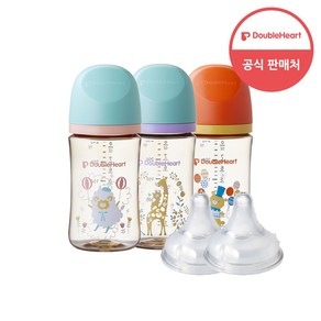 더블하트 모유실감 3세대 PPSU 디어프렌즈 트리플팩 240ml+젖꼭지(2입), 3세대 젖꼭지S, 1개, 트리플팩 (서커스베어&블루밍가든&하늘을날꼬양)