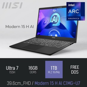 MSI 모던시리즈 모던 15 H AI C1MG-U7, Fee DOS, 16GB, 1TB, 블랙