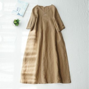 COBOTOR 여성 린넨 원피스 브이넥 오버핏 a라인 캐주얼 여자 봄 여름 가을 반팔 롱원피스 linen dress women XK0129