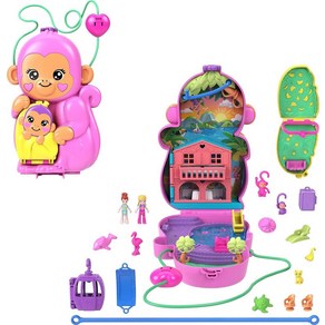 Polly Pocket 인형 및 놀이 세트 애완 동물 및 액세서리 13개 투인원 엄마 원숭이 및 아기 웨어러블 지갑 및 동물 장난감, 멀티컬러