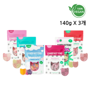 [스웨디시 젤리] CandyKittens 캔디키튼스 비건 젤리 140g 3종 대용량세트, 베리체리(140g), 사우어워터멜론(140g), SHOX샥스(140g)