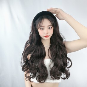 하이유니 도톰 볼륨 웨이브 펌 머리띠 65cm 긴머리 붙임 머리 피스 부분 가발, 블랙, 다크브라운, 1개