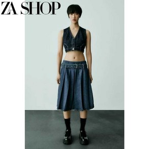 ZARA 여성 메탈 버클 벨트 미드 웨이스트 와이드 플리츠 데님 스커트