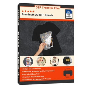 프린트 프린터 호환 DTF 전사 필름 프리미엄 양면 무광 마감 PET 직접 A3 (11.7 인치 X 16.5 플러스 x 19, 1개, 03 A3 100 sheets