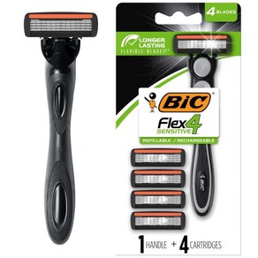 BIC Flex 4 남성용 리필 면도기 민감한 피부를 위한 오래 지속되는 블레이드 4개 핸들 1개 카트리지 면도 키트 5개, 1 Handle 4 Catidges