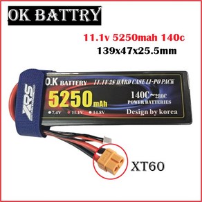 OK파워11.1V 5250mAh 3S (140C-280C) LI-PO RC카 배터리, XT60, 1개