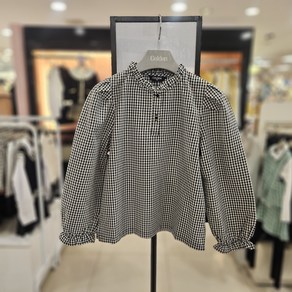 셀덴 [동아백화점 수성점] 50% 초등 여아 아동 키즈 반오픈 프릴넥 퍼프 체크 블라우스 EDBW24S03-01