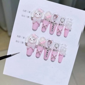 DIY 카와이 핑크 시나모롤 애니메이션 3D 인형 탈착식 수제 손톱 패치 만화 패션 웨어러블 가짜 매니큐어 소녀 선물, XS, 1개