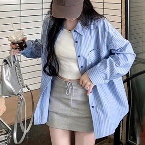 여성 오버핏 빈티지 긴팔 셔츠 남방 블루 스트라이프 간절기 아우터 상의 W10040