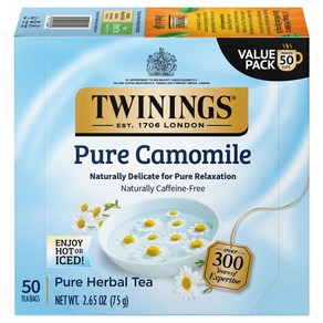 Twinings Pure Camomile Herbal Tea - Naturally Caffe 트와이닝스 퓨어 카모마일 허브티 - 카페인 없는 천연 카모마일 티백 개별 포장 50개