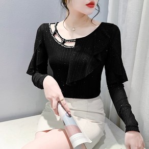 댄스복 상의 여성용 펀칭 비즈 긴팔 추동 프릴망사 스판 티셔츠 Women's T-shit 뉴타임즈 Y750C102