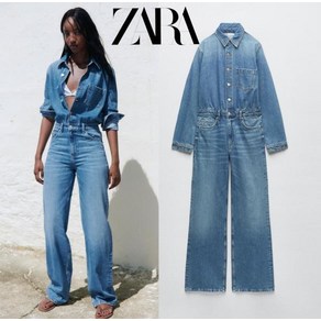 자라 여성 데님 점프수트 긴팔 일자 청 멜빵 바지 ZARA