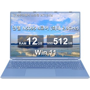 아우크웨이 16 노트북 12GB+512GB 인텔 N5095(최대 2.9Ghz) 4코어 Win 11 2.5K FHD 스크린(냉각팬 포함) 듀얼 WiFi 지원 1TB SSD 확장-블루