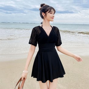 POMTOR 여성 체형커버 빅사이즈 블랙 원피스 수영복 커버업 비치 모노키니