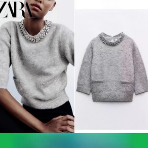 새로운 봄 여성 의류 짧은 5/4 소매 라인 스톤 칼라 스웨터 니트 ZARA