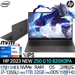 HP 250 G10 820X0PA_T4 23년 신모델 i7 13세대 32G 1TB 사무용 업무용 대학생 노트북, Fee DOS, 32GB, 블랙