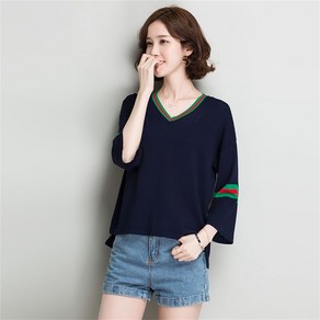 besteffie 여성용 브이넥 7부 소매 니트 티셔츠 캐주얼 스타일 봄 가을 면 소재 스트라이프 장식 K69