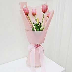 LILYS 튤립조화 조화부케 조화꽃다발 생화같은조화 망고튤립 꽃다발포장, 1세트, 망고튜립 5개 꽃다발포장(크림 핑크)