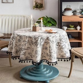 면 린넨 테이블 천 술이 둥근 식탁보 꽃무늬 원형 커버 주방, A.Diamete 90cm, 1개, 1.Tassel tablecloth