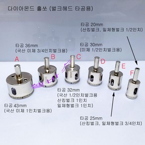 B 타공 36mm 국산 벌크헤드 20A 미제 벌크헤드 3/4인치 다이아몬드 유리 홀쏘, 1개